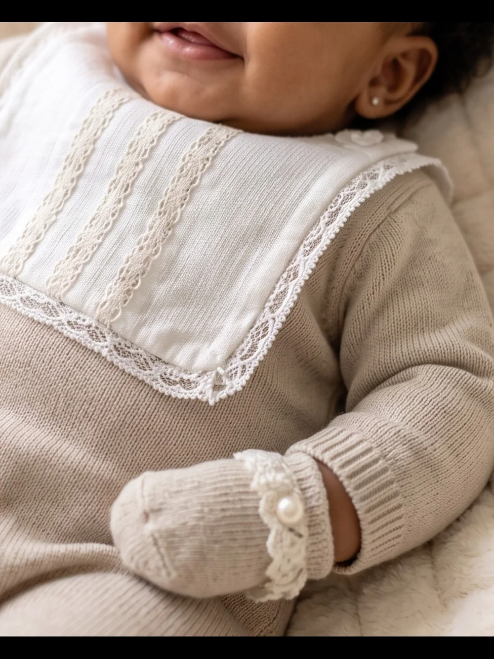 Classic Lace Detachable Bib Knit One-Piece Romper in Beige